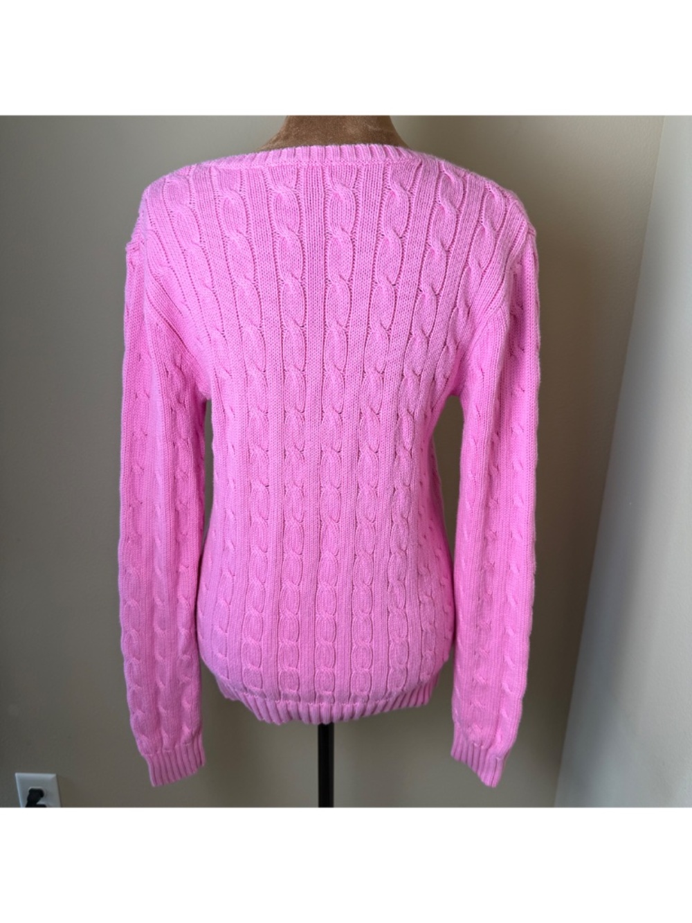 Polo Ralph Lauren V-Neck Cable Knit Sweater Womens Medium Pink Pullover Preppy - Picture 4 of 9
